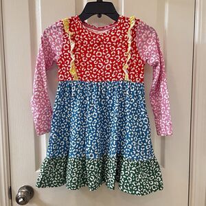 Mini Boden Colorblock Cheetah Print Dress Long Sleeve Ruffle Girls Size 7-8